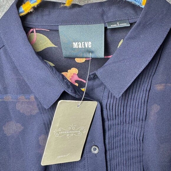 Maeve Anthropologie Navy Floral Long-Sleeve Tunic Shirt Silk - Picture 2 of 2